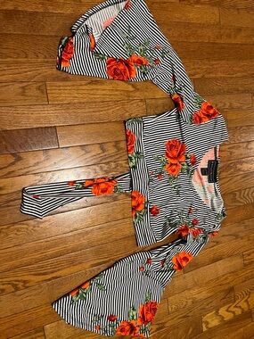 Striped Black & White Crop Top with Orange Floral Print